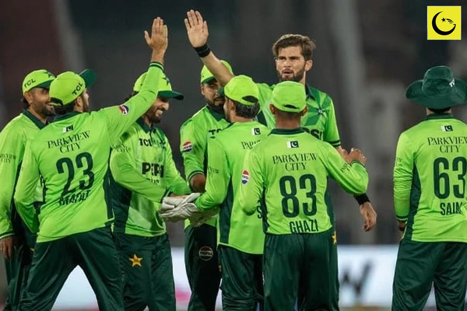 Pakistan captain Shaheen Afridi celebrates a wicket with teammates during the Pakistan Sri Lanka Tri-Series 2026 opener at Rawalpindi Cricket Stadium