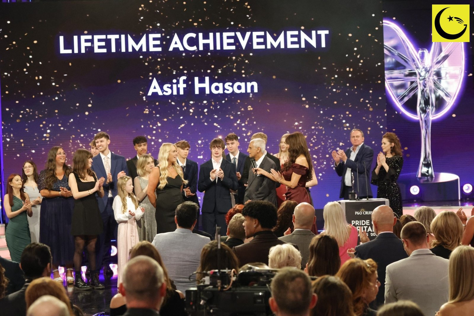 Asif Hasan Pride of Britain 2026: cardiac surgeon Asif Hasan at the Pride of Britain Awards in London surrounded by former patients who surprised him on stage
