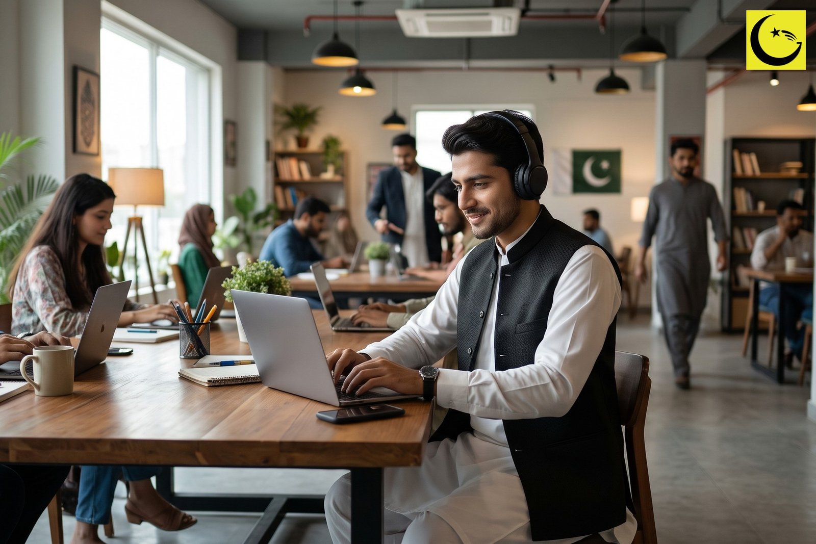 Pakistan Freelancers Earnings 2026: a Pakistani freelancer wearing headphones works on a laptop in a modern coworking office