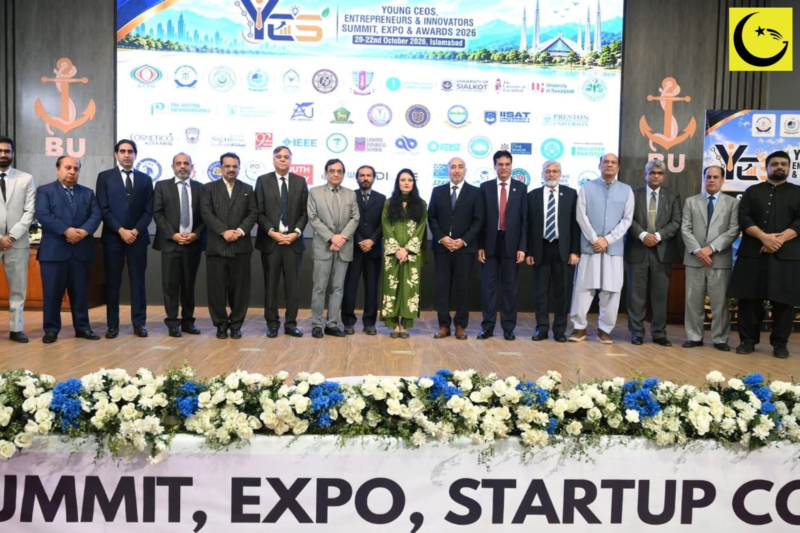 YES-Pakistan 2026 Bahria University inauguration group photo on stage at Bahria University Islamabad with summit backdrop