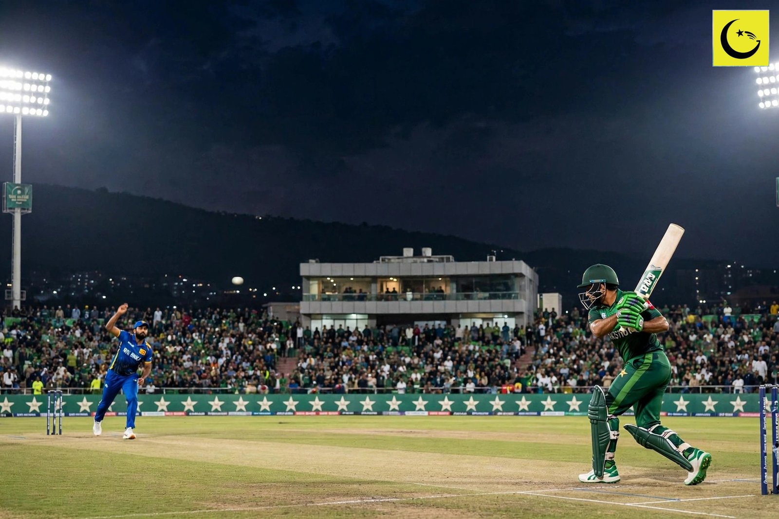 Pakistan batsman faces a Sri Lanka bowler under floodlights - Pakistan Sri Lanka T20I series
