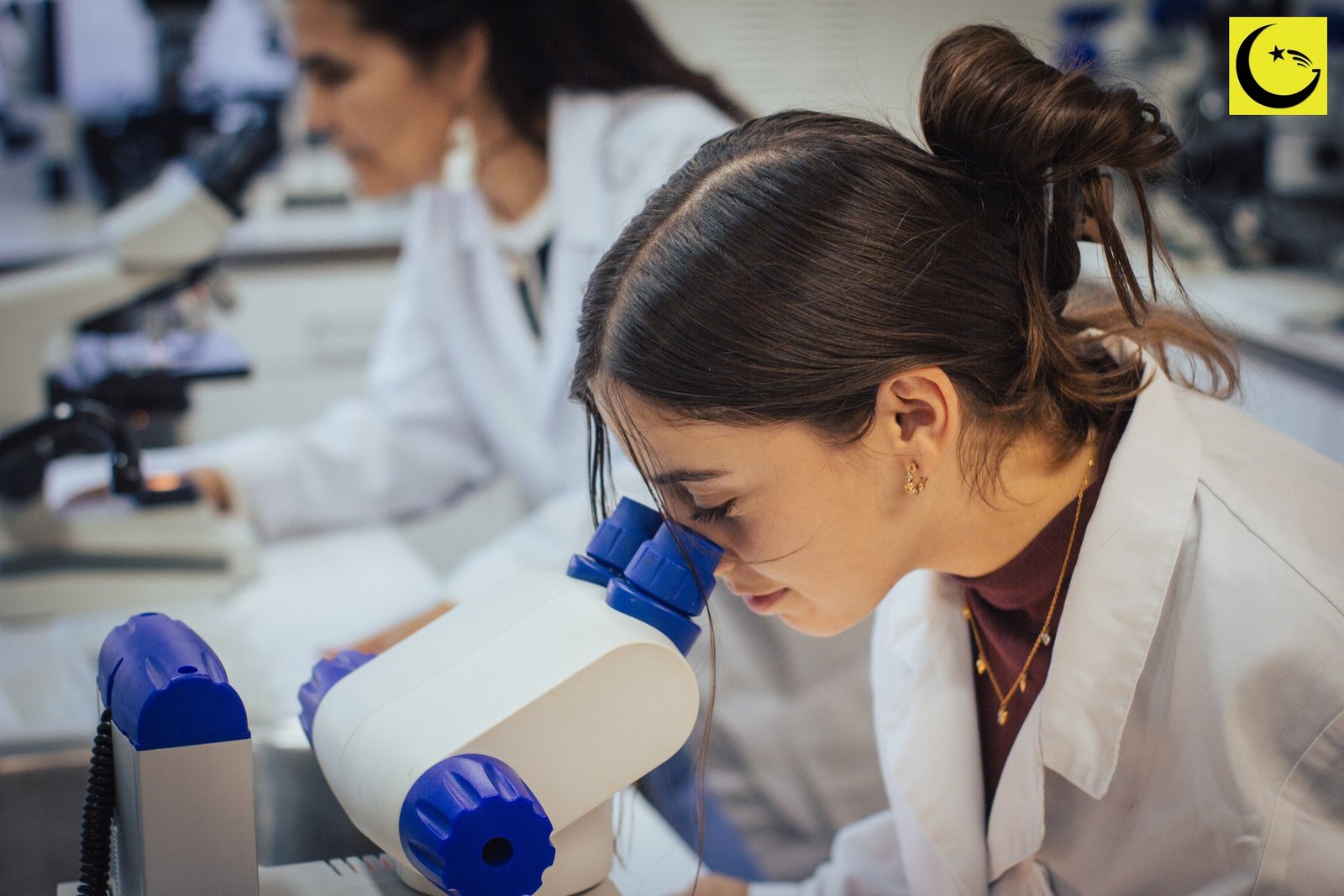 A student examining a specimen under a stereo microscope, the kind of practical test behind Pakistan's first Olympiad gold medal