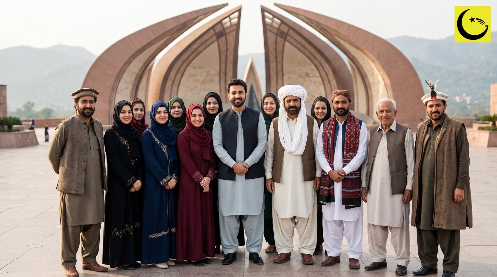 Pakistani people in traditional dress from all provinces standing at the Pakistan Monument in Islamabad