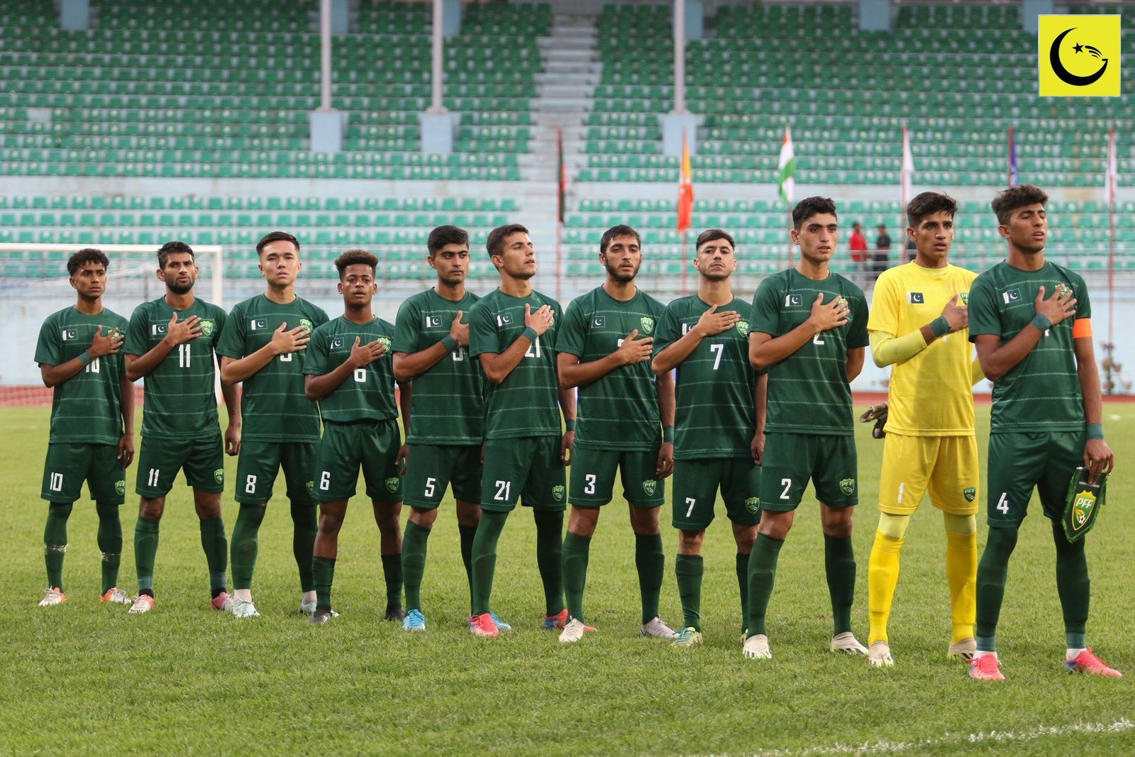 Pakistan national football team players in green PFF jerseys lining up before a match, after the Pakistan FIFA rankings 197 climb in October 2026