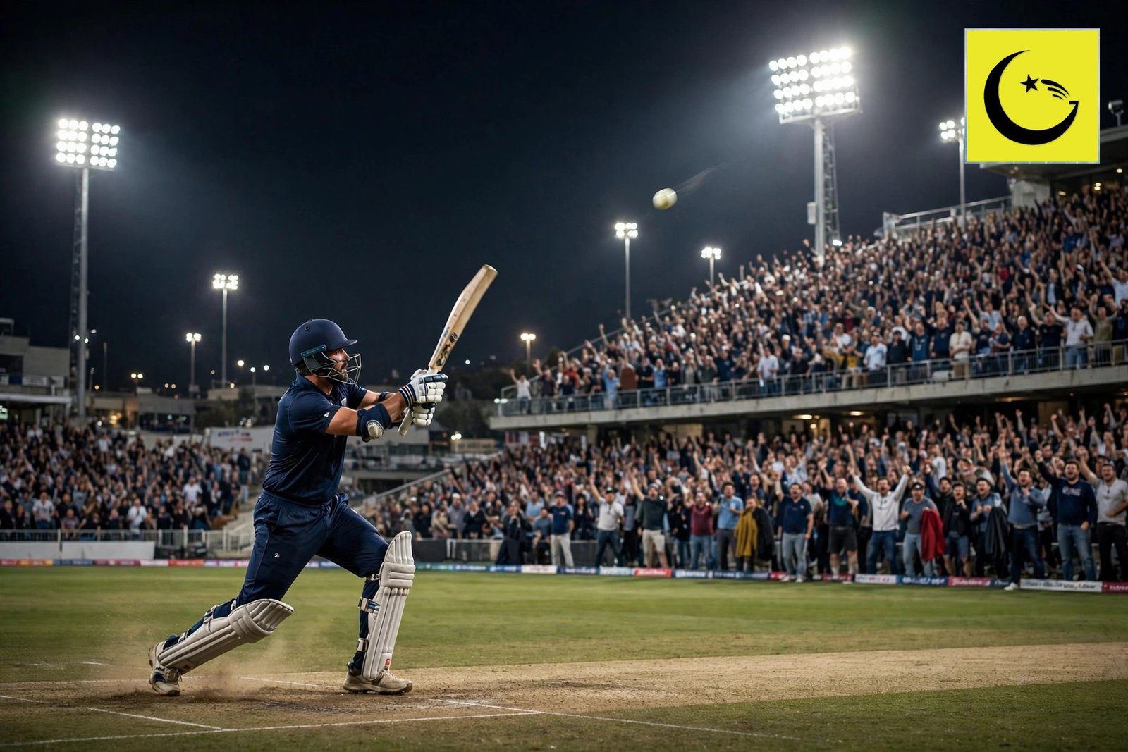 Cricket batsman hitting a six under floodlights - Pakistan cricket silver