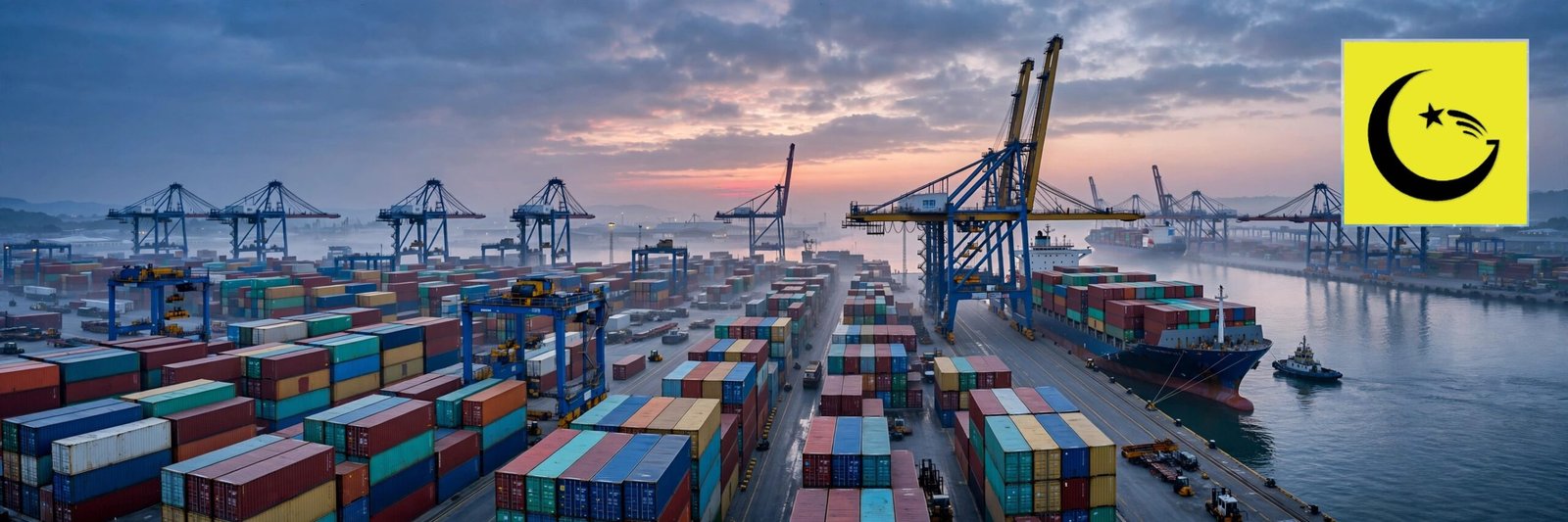 Container shipping port at dawn - Pakistan exports rise