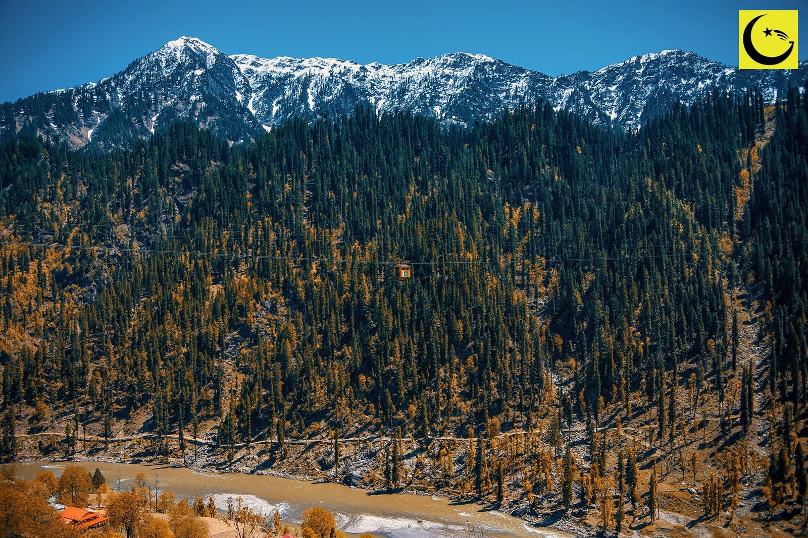 A cable car crossing a mountain valley in northern Pakistan, like the Battagram lift in the documentary Hanging by a Wire