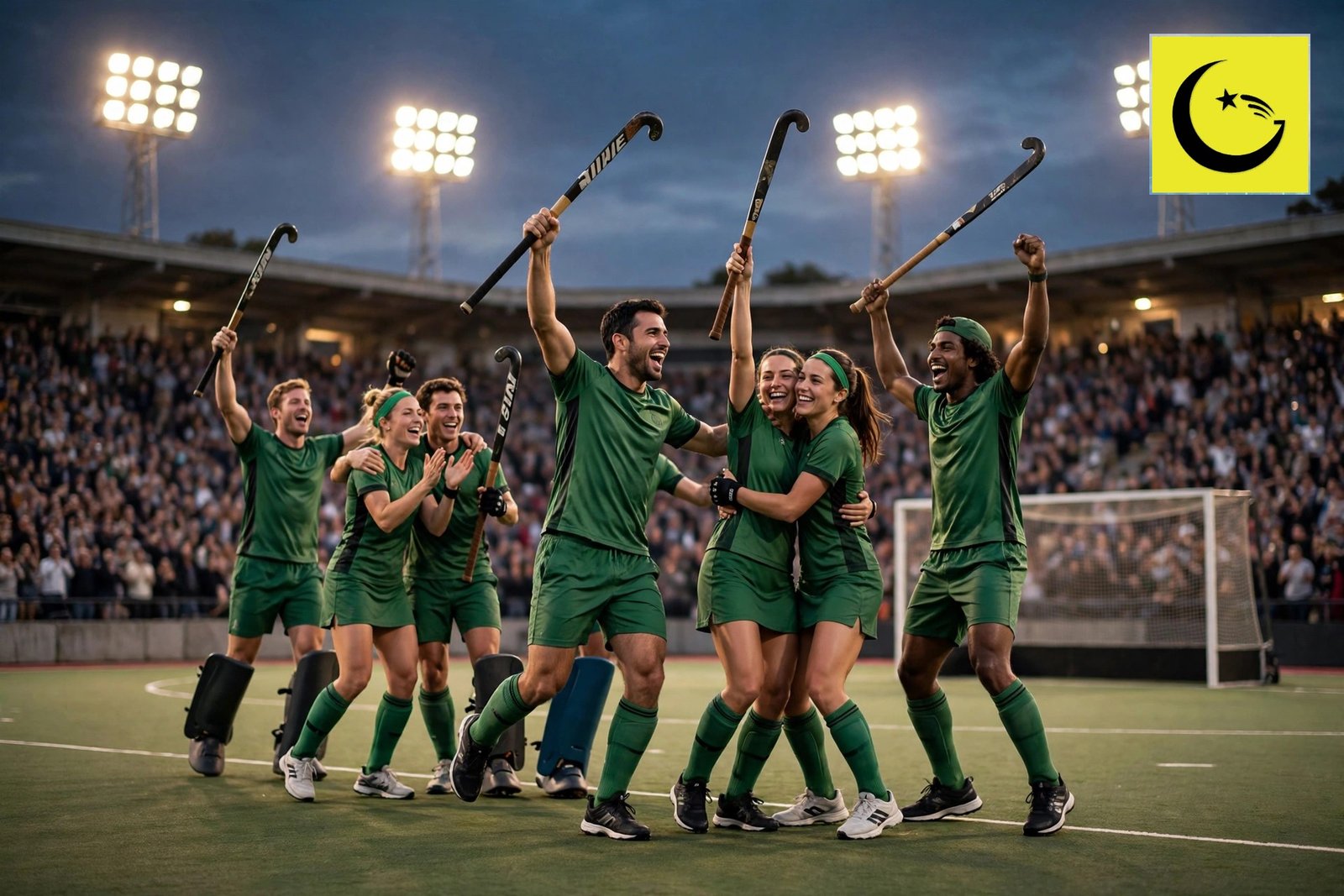 Field hockey team celebrating a goal - Pakistan hockey bronze