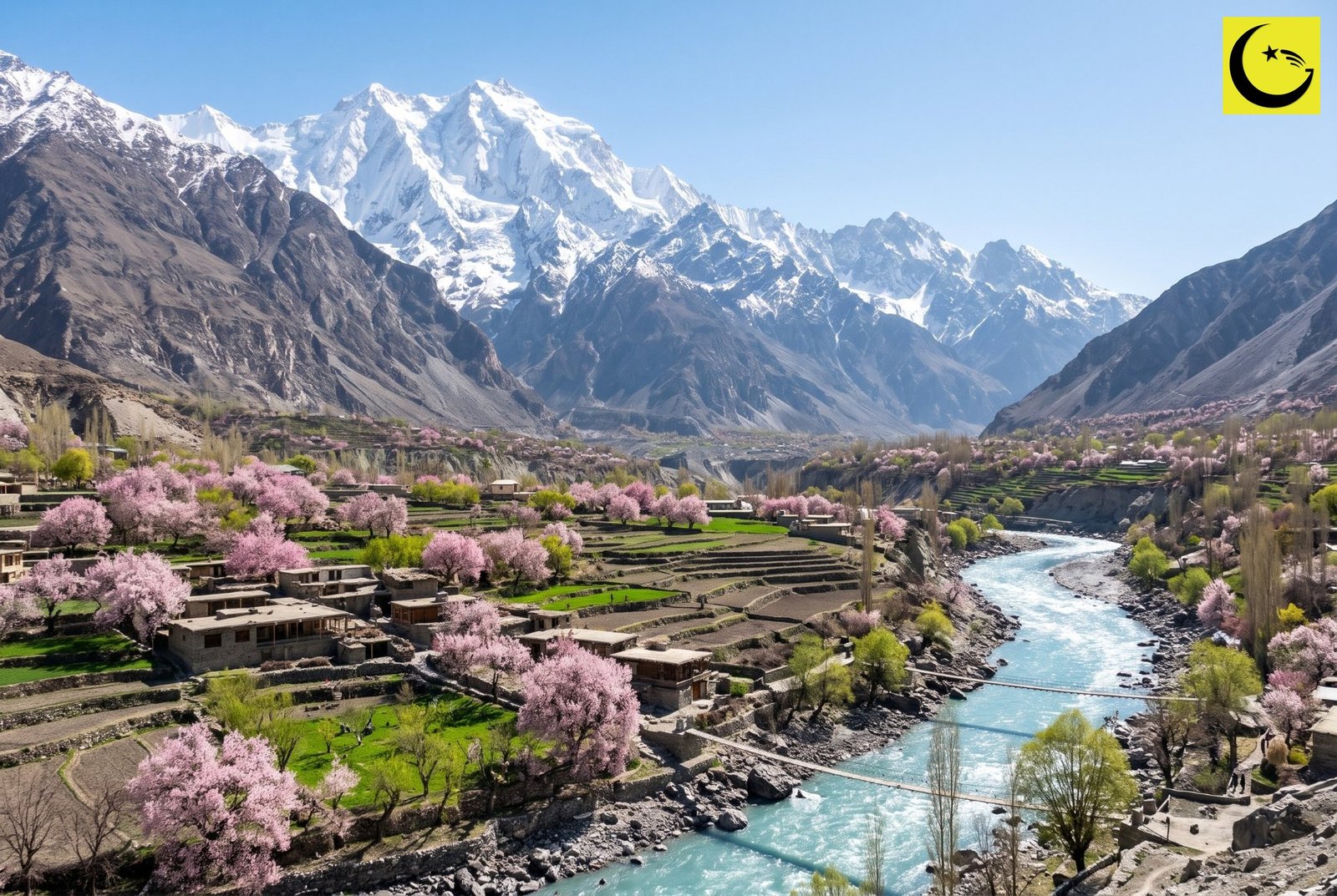 Hunza Valley in spring blossom below snow-covered Rakaposhi