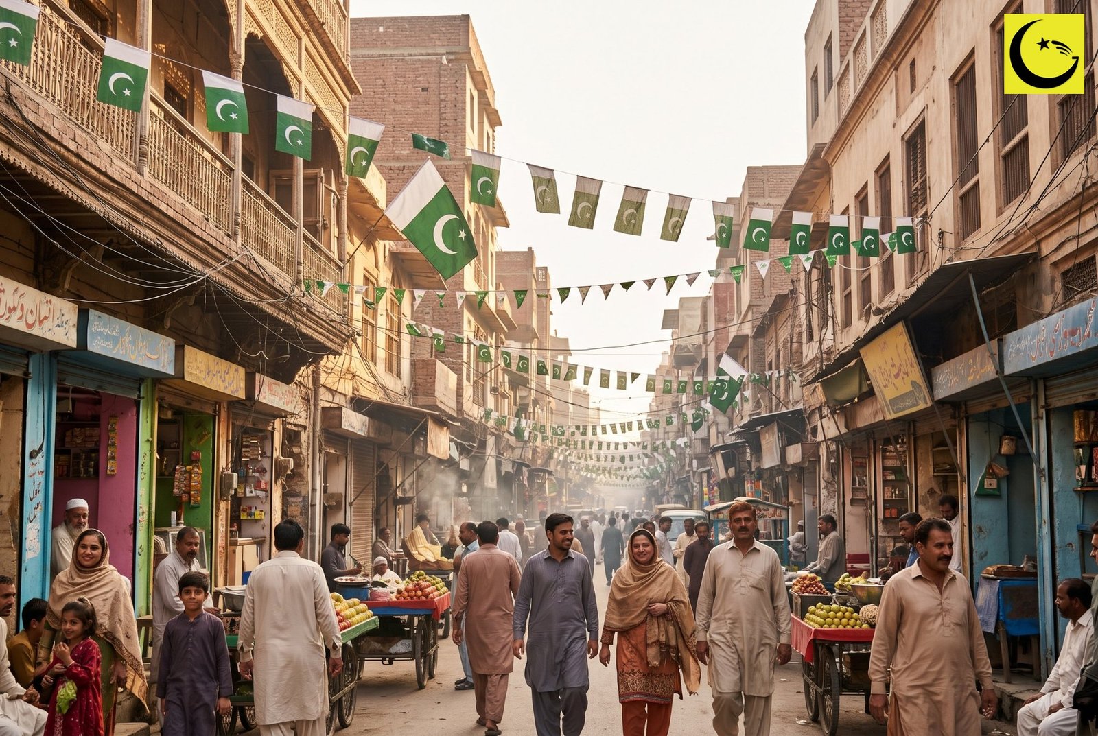 A joyful street in Lahore decorated with Pakistan flags