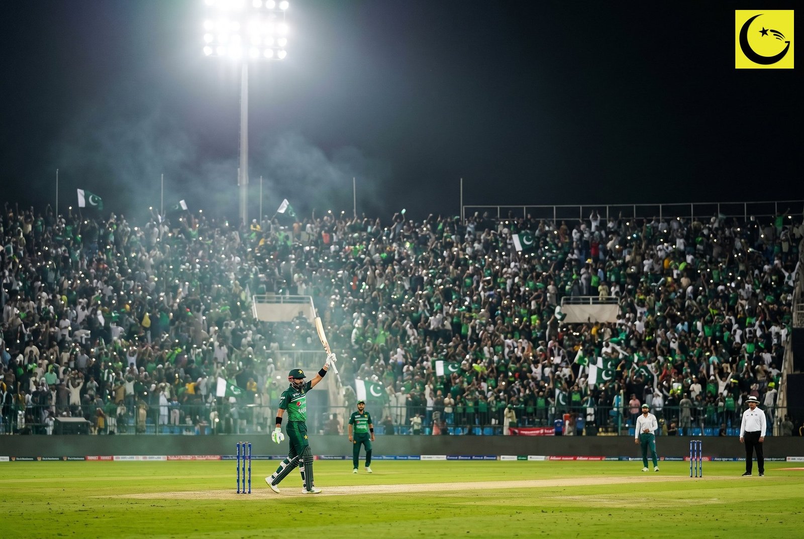 A Pakistan batsman raising his bat to a packed night crowd