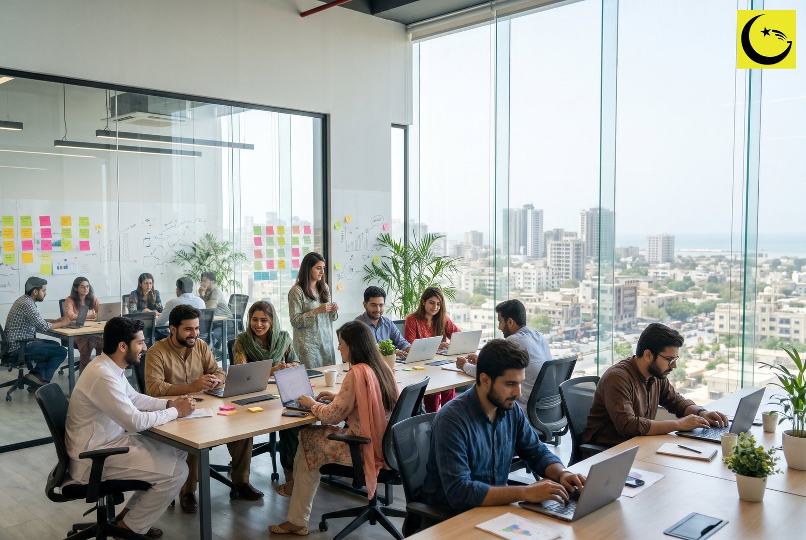 Young Pakistani professionals working in a modern Karachi office