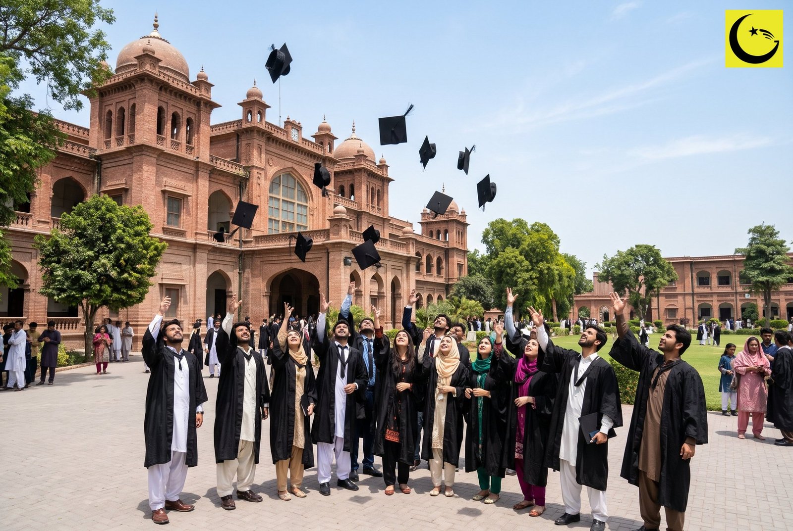 Pakistani graduates throwing their caps outside a historic university building