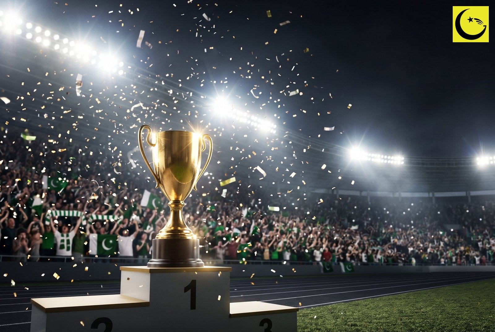 A gold trophy on a winners podium in a stadium filled with Pakistan flags
