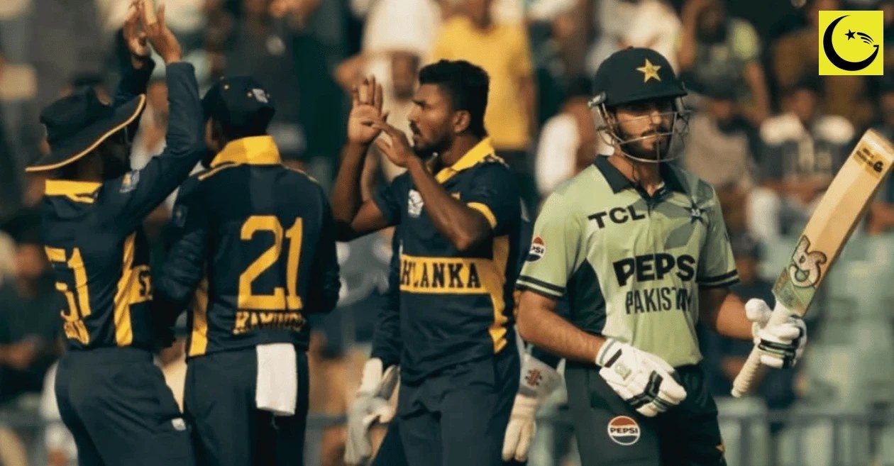 Sri Lanka players celebrate a wicket as a Pakistan batter walks off during the ODI tri-series in Lahore, setting up the ODI tri-series final