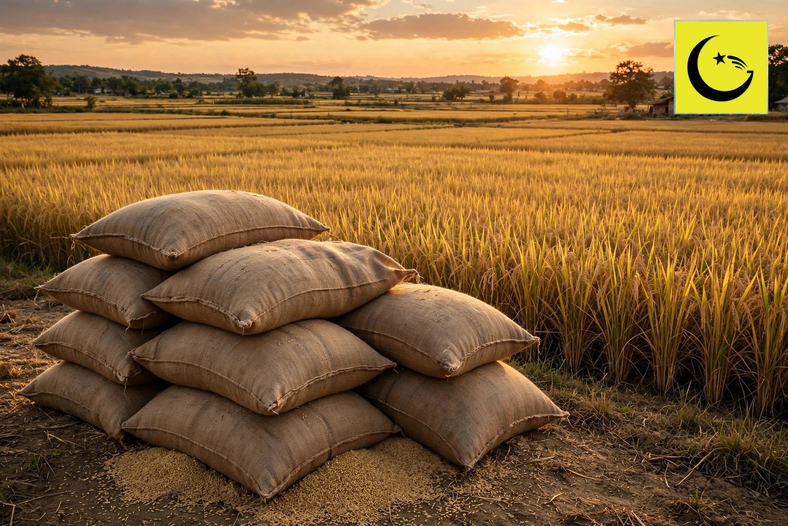 Rice fields and grain sacks - rice exports to Malaysia
