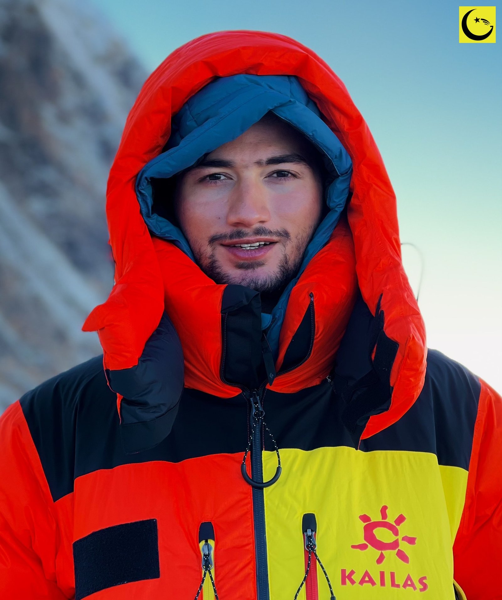 Shehroze Kashif in his expedition suit in the high mountains, the youngest Pakistani to climb all 14 eight-thousanders