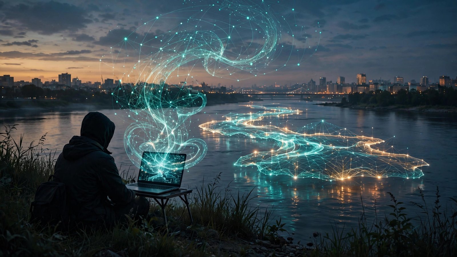 Student silhouette with laptop beside a river with glowing AI holograms symbolizing the River Messenger honor