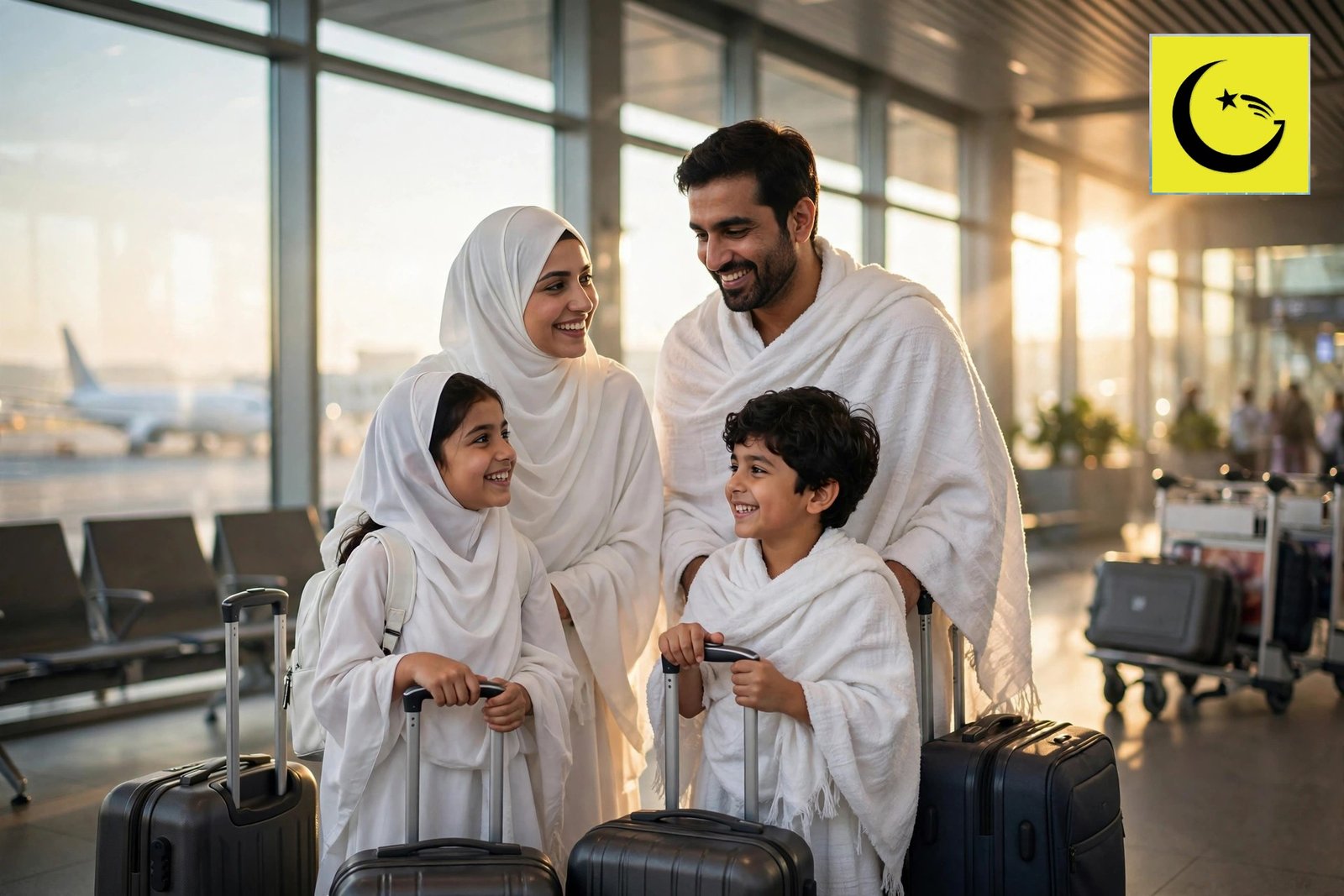 Pakistani pilgrim family at airport — free umrah lucky draw 2026